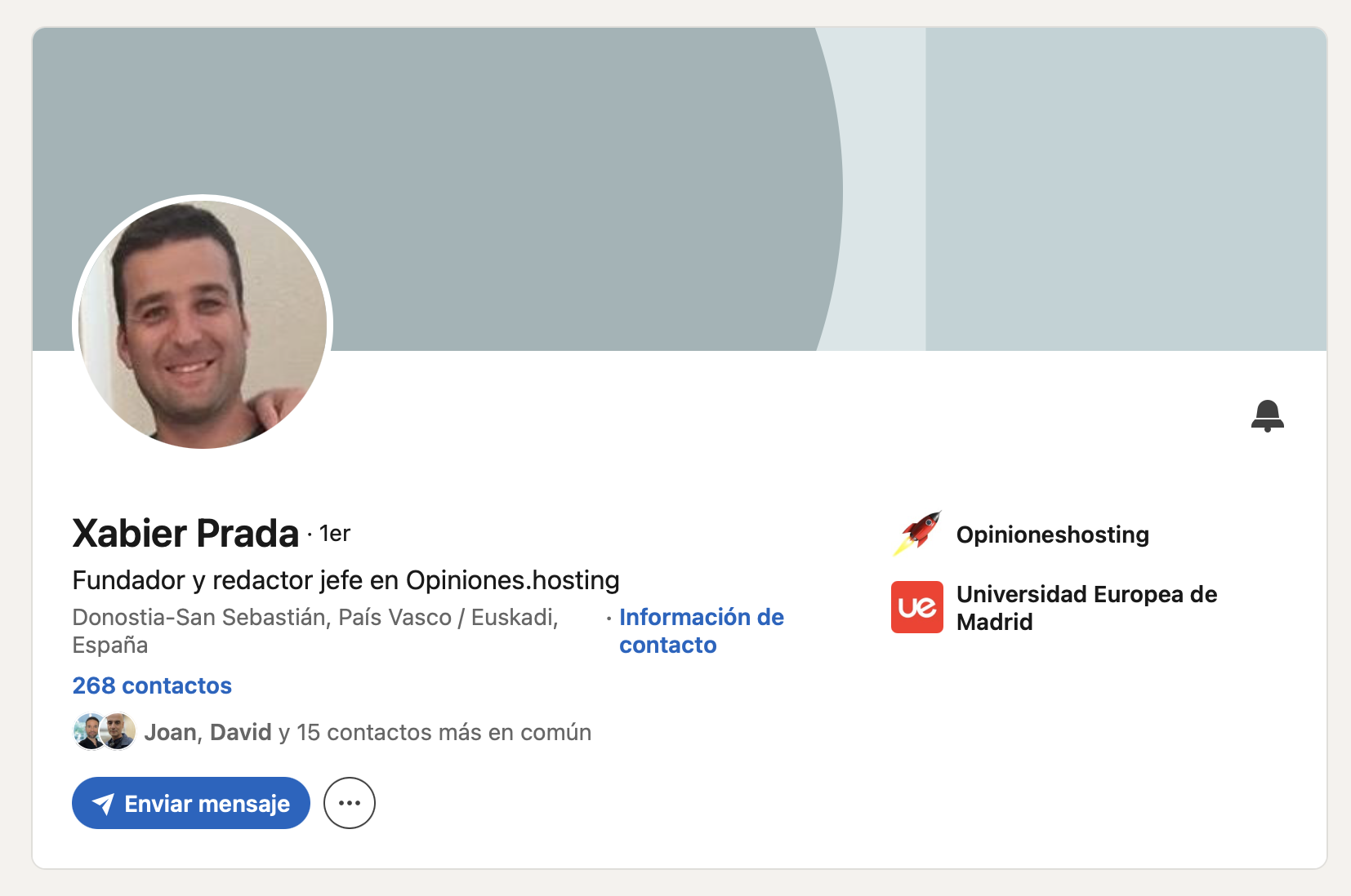 Perfil de LinkedIn de Xabier Prada, fundador de opiniones.hosting — Licenciado en Educación Física por la Universidad Europea de Madrid