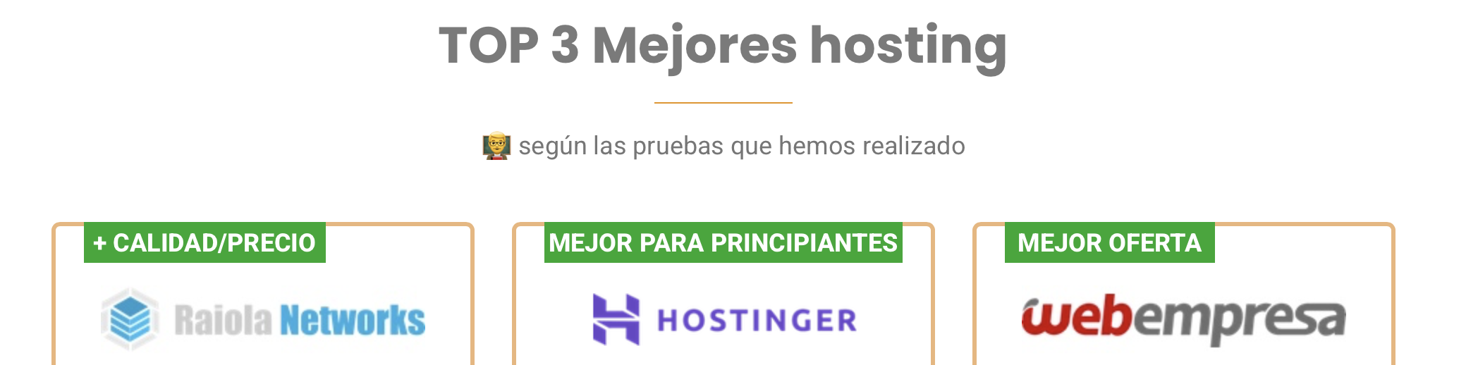 Captura de opiniones.hosting mostrando el TOP 3 Mejores hosting: Raiola Networks, Hostinger y Webempresa — las tres empresas que pagan a Xabier Prada